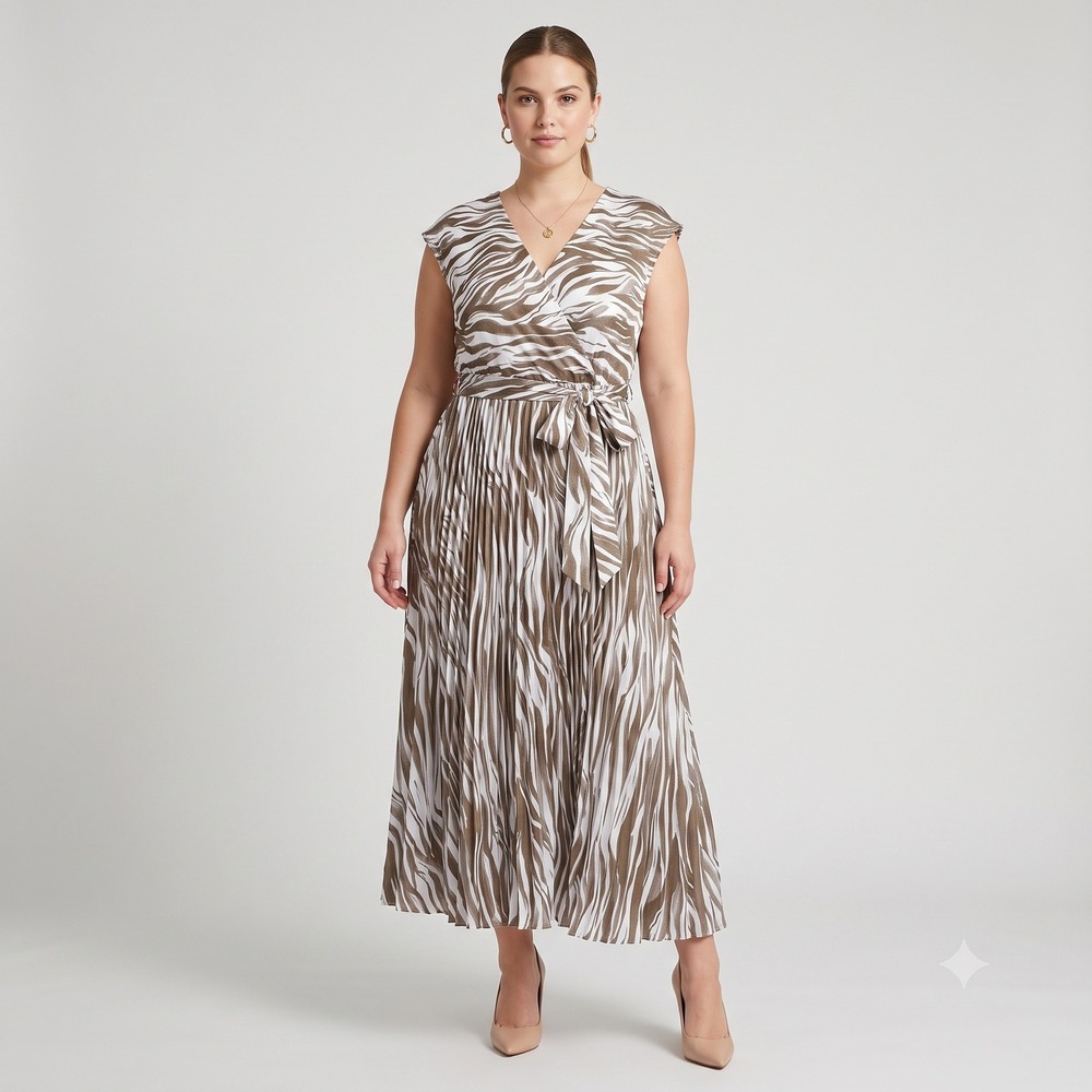 Nine West Zebra Print Pleated Midi Dress L Taupe Brown Belted Career Wedding